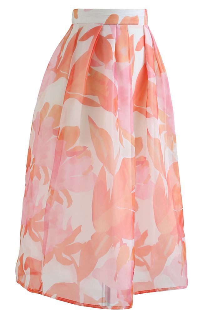 Breezy Organza Floral Pleated Midi Skirt in Orange
