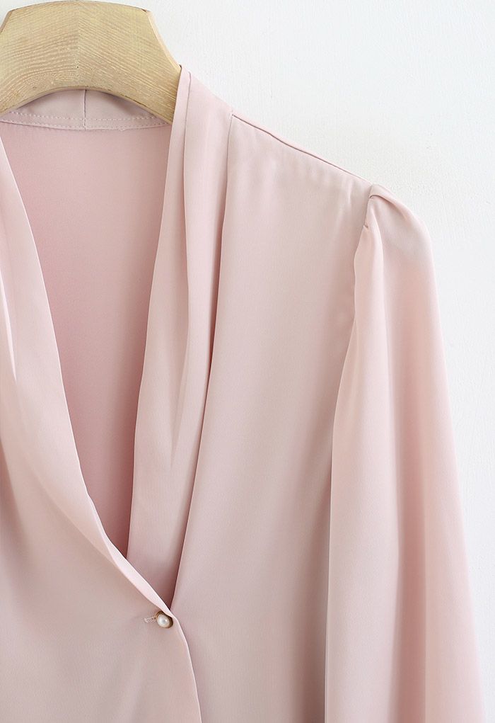 Buttoned Surplice Sleek Satin Top in Pink