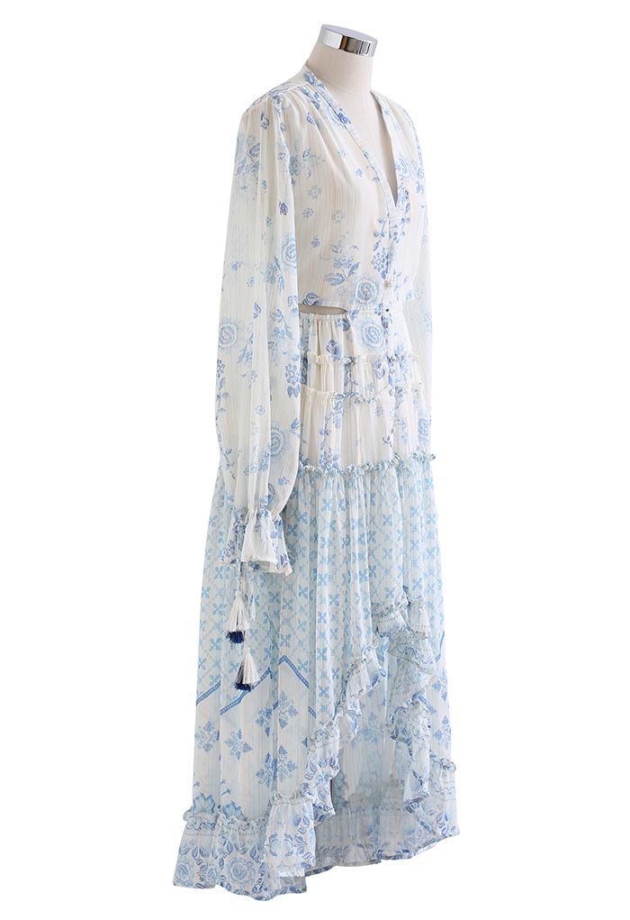 Santorini Floral Deep-V Hi-Lo Hem Maxi Dress