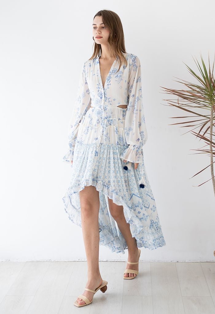 Santorini Floral Deep-V Hi-Lo Hem Maxi Dress