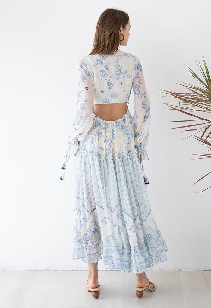 Santorini Floral Deep-V Hi-Lo Hem Maxi Dress