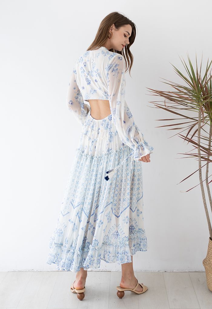 Santorini Floral Deep-V Hi-Lo Hem Maxi Dress