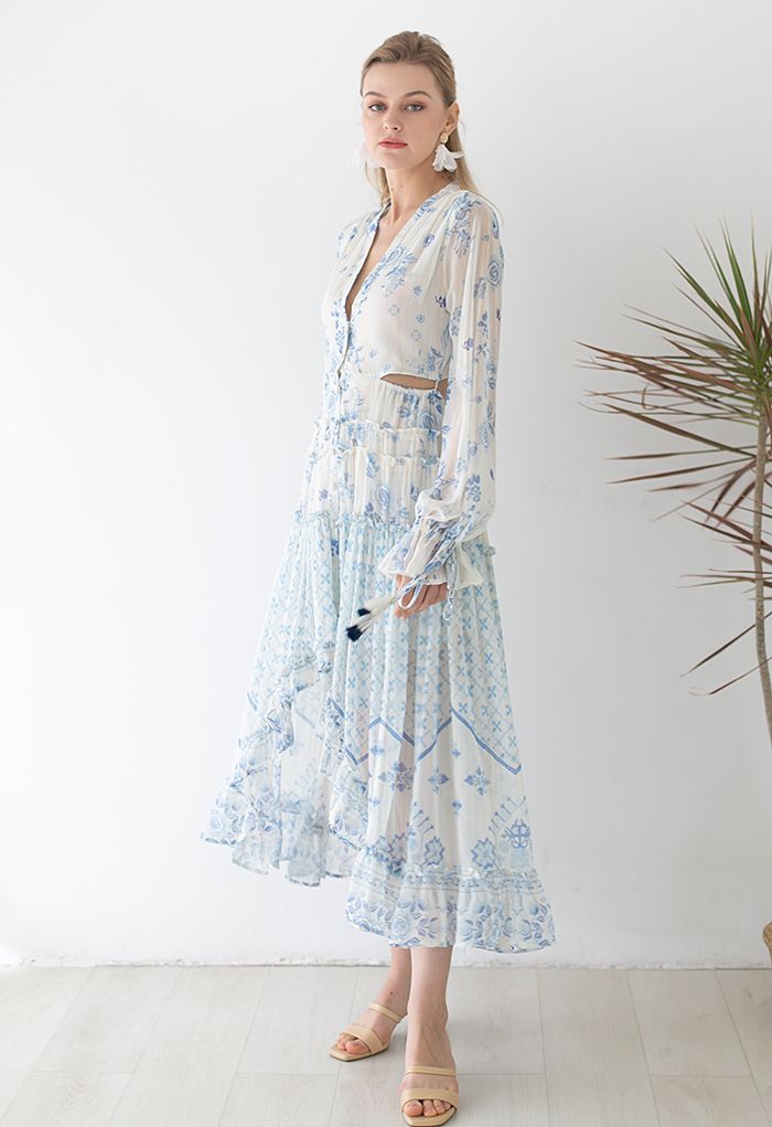 Santorini Floral Deep-V Hi-Lo Hem Maxi Dress