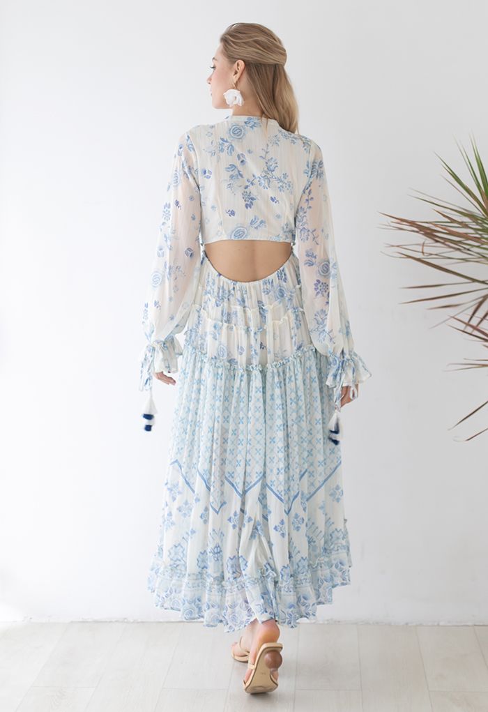 Santorini Floral Deep-V Hi-Lo Hem Maxi Dress