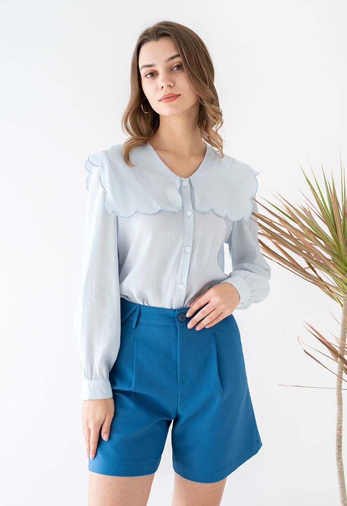 Scalloped Doll Collar Buttoned Shirt in Blue