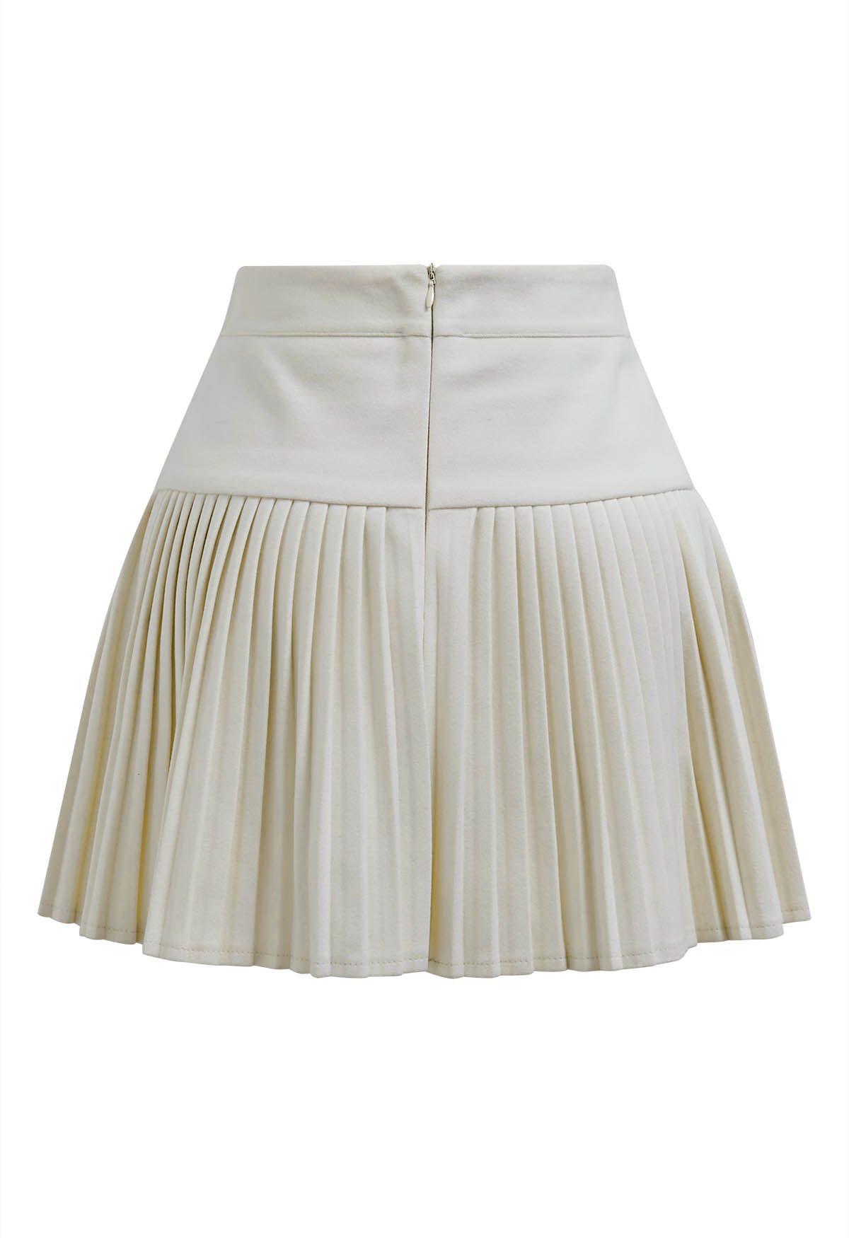 Golden Button Decorated Pleated Mini Skirt in Ivory