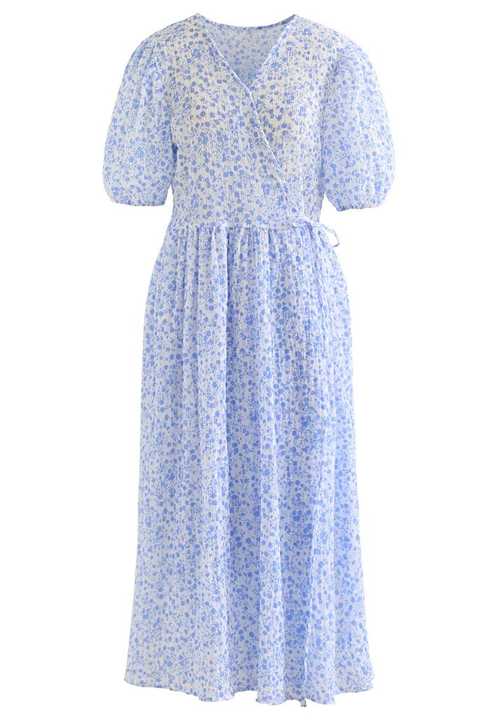 Enthralling Floret Embossed Wrap Midi Dress in Blue - Retro, Indie and ...