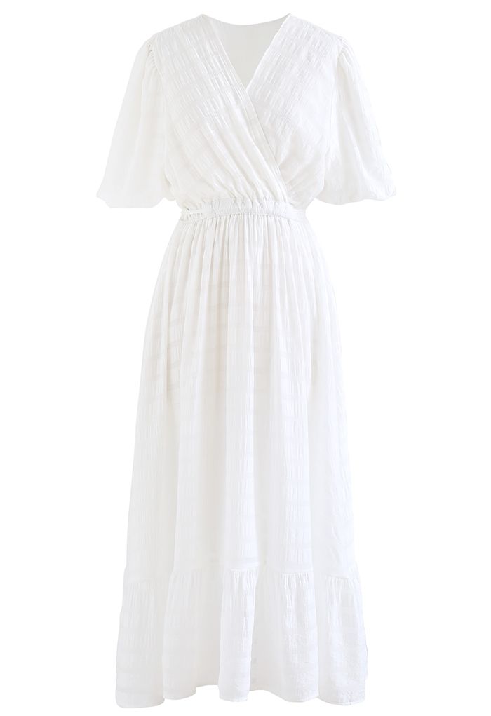 Check Pattern Belted Wrap Dress in White