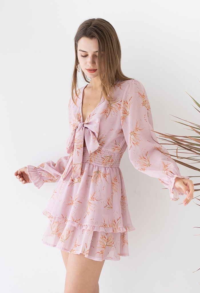 Tie-Knot Front Floral Chiffon Mini Dress in Pink