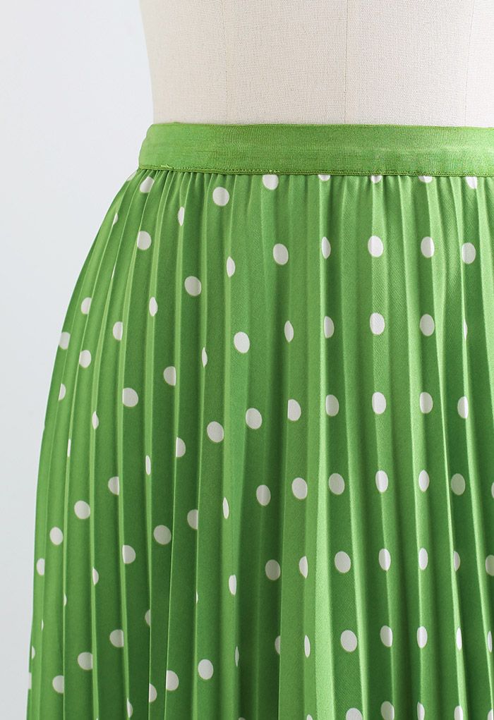 Dot Print Smooth Pleated Midi Skirt in Green