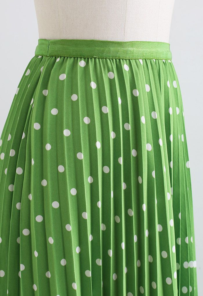 Dot Print Smooth Pleated Midi Skirt in Green