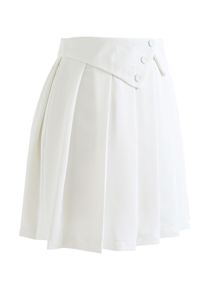 Buttoned Folded Waist Pleated Mini Skirt in White
