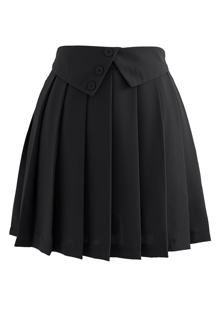 Buttoned Folded Waist Pleated Mini Skirt in Black