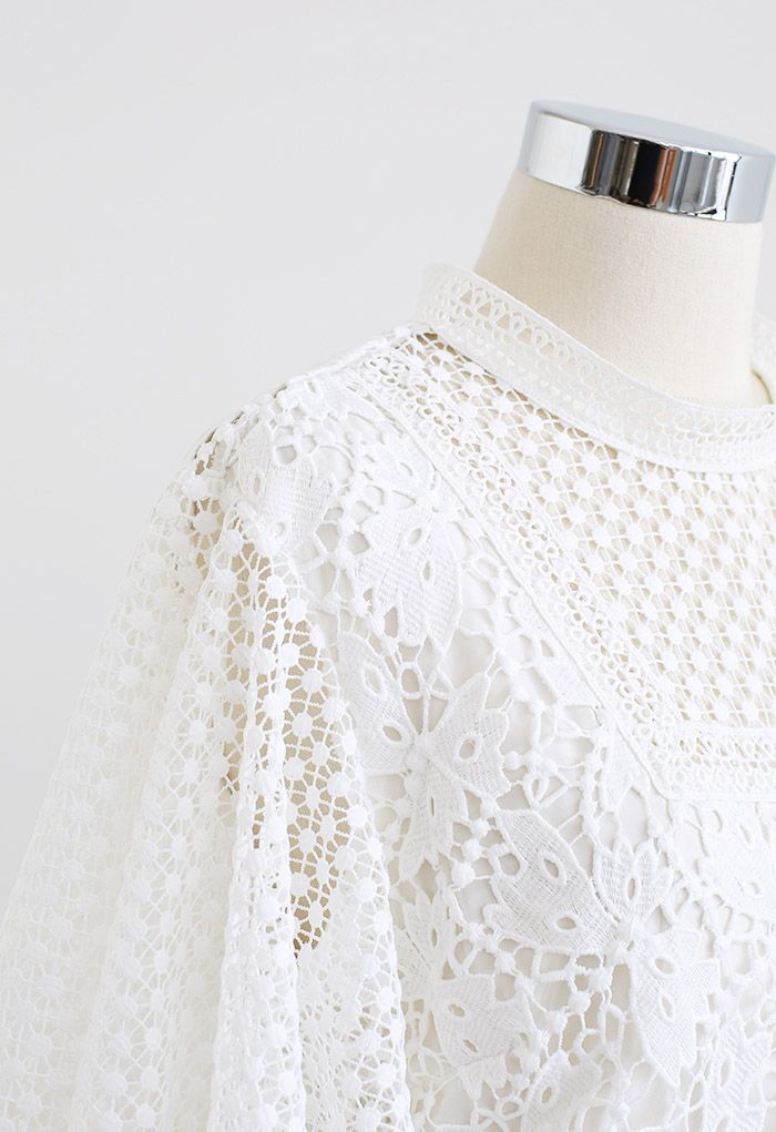 Bliss Flutter Sleeve Full Crochet Top in White