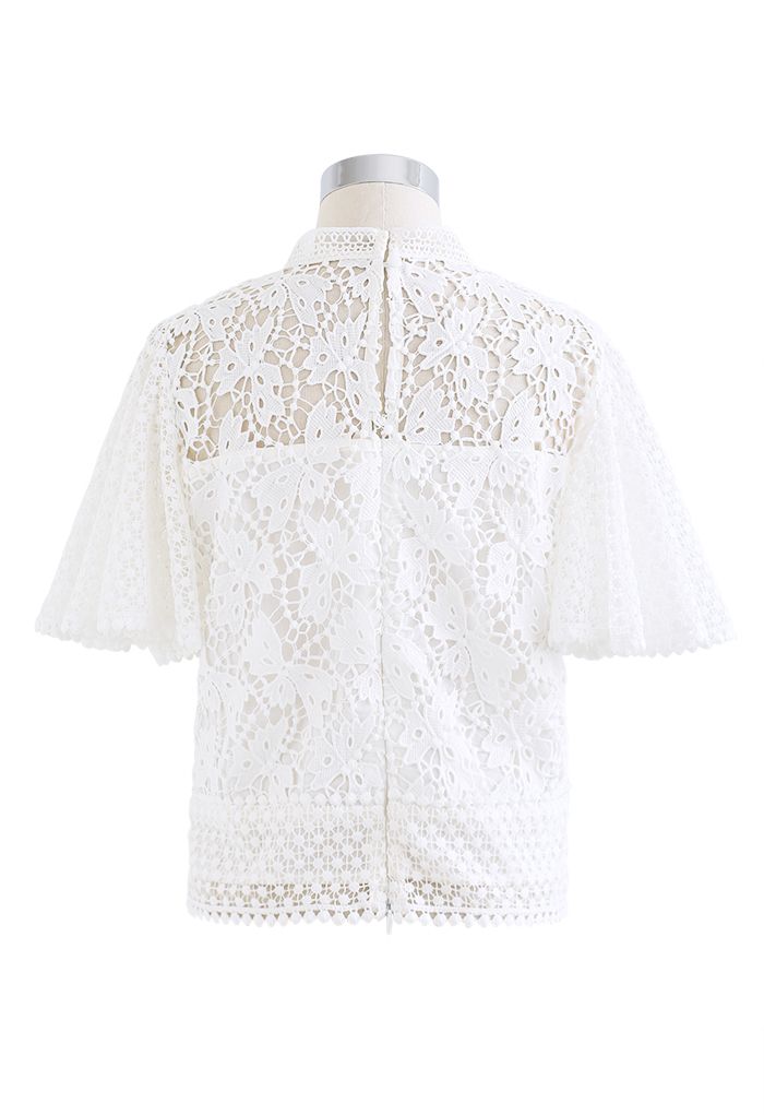 Bliss Flutter Sleeve Full Crochet Top in White