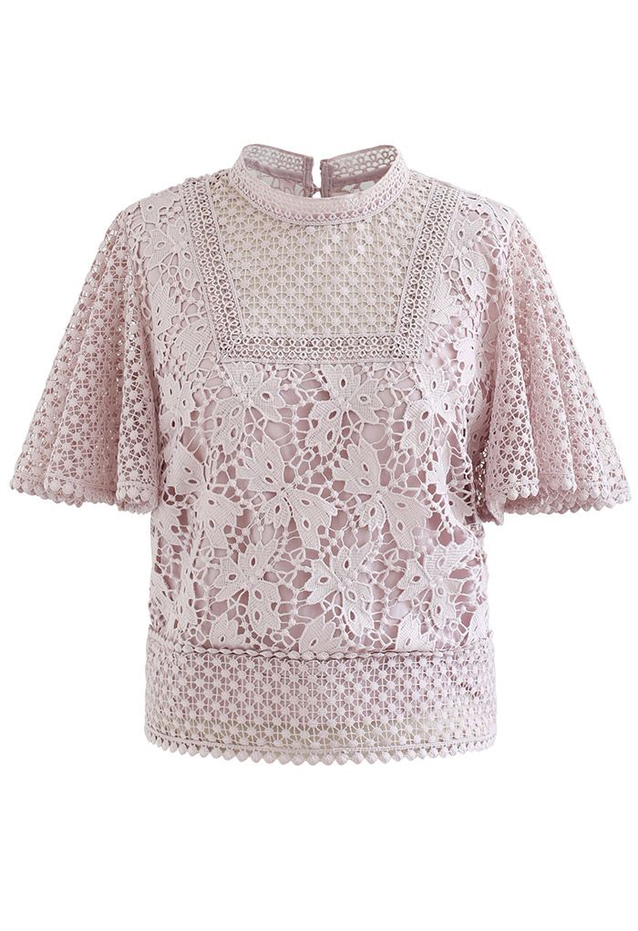 Bliss Flutter Sleeve Full Crochet Top in Light Pink