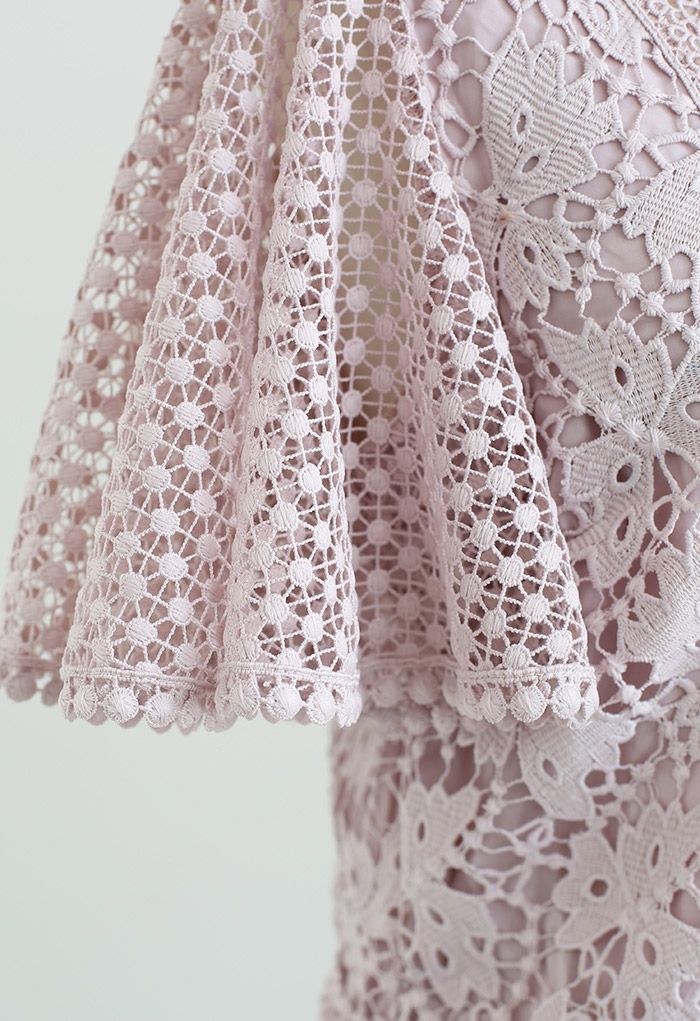 Bliss Flutter Sleeve Full Crochet Top in Light Pink