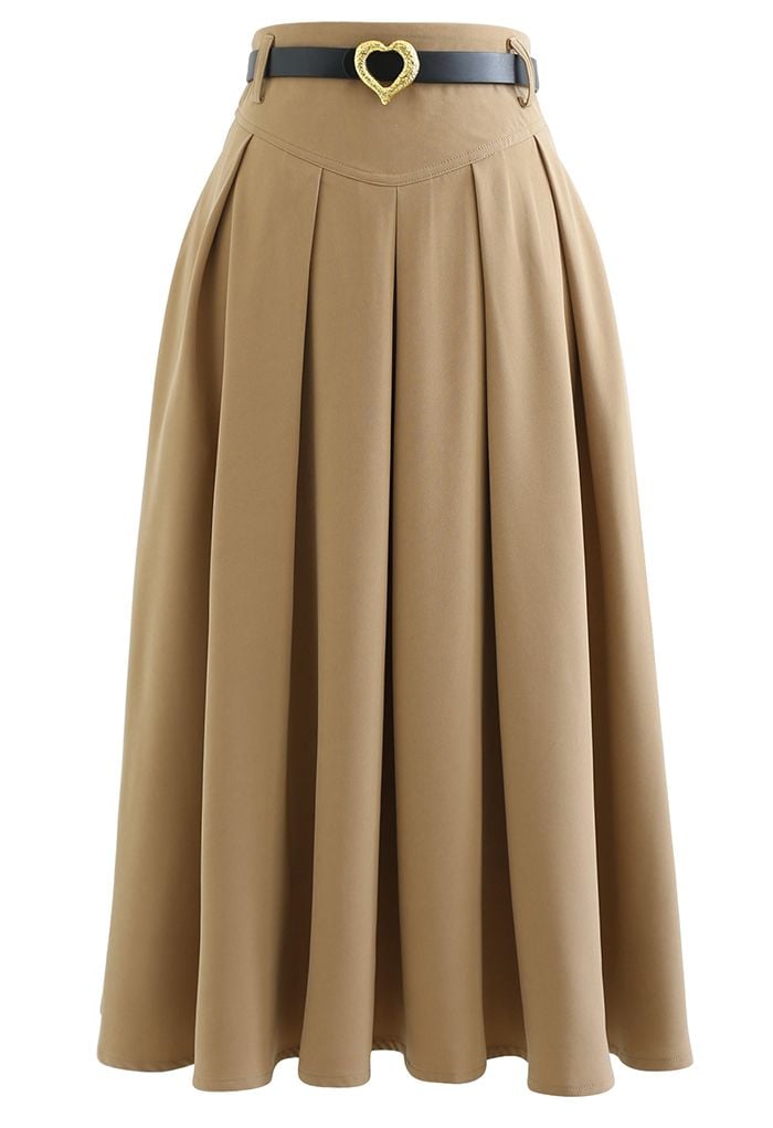 Heart Belt Pleated Pocket Midi Skirt in Tan