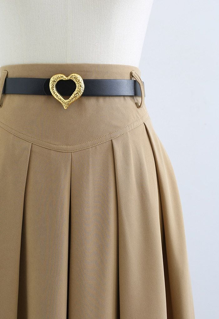 Heart Belt Pleated Pocket Midi Skirt in Tan