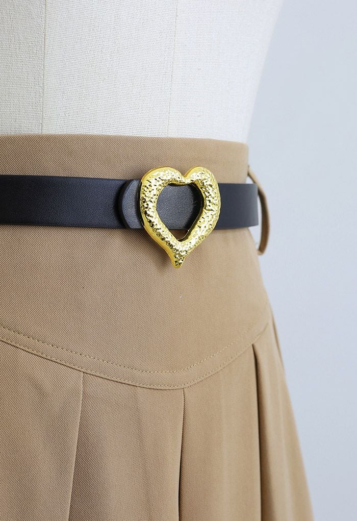 Heart Belt Pleated Pocket Midi Skirt in Tan