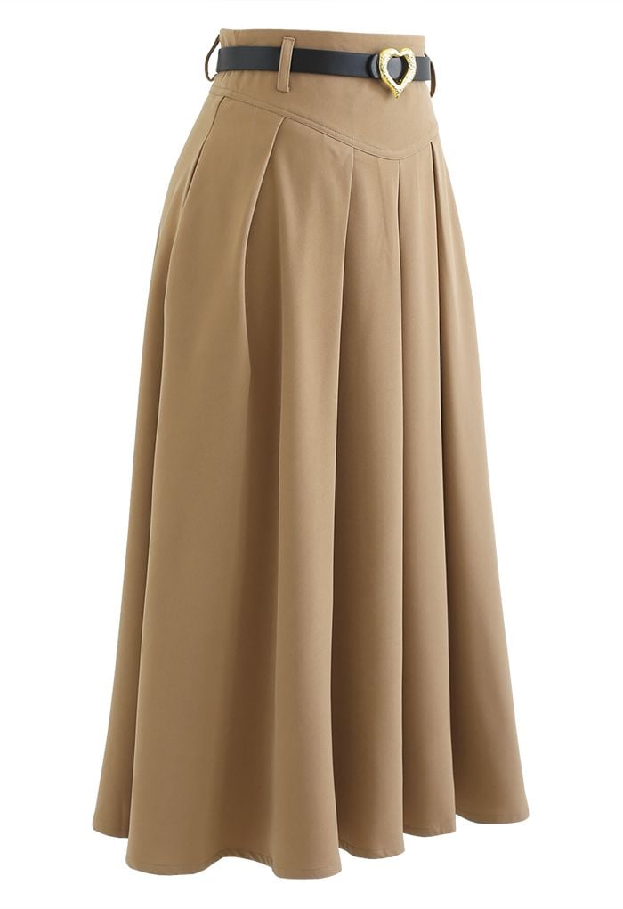 Heart Belt Pleated Pocket Midi Skirt in Tan