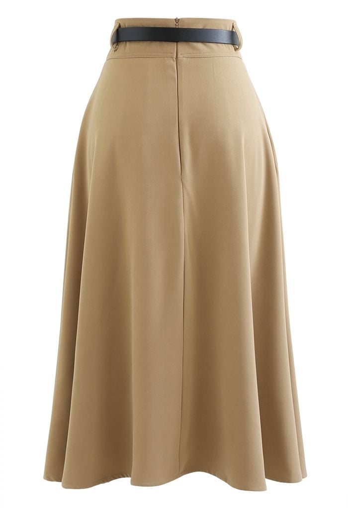 Heart Belt Pleated Pocket Midi Skirt in Tan