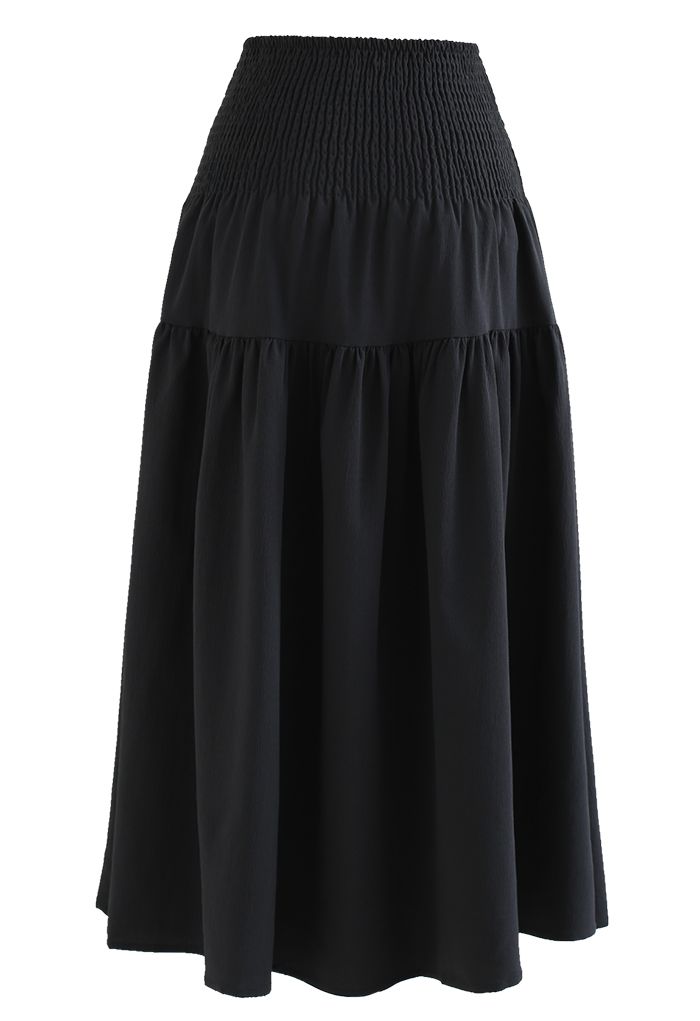 Shirred Waist Textured Black Maxi Skirt