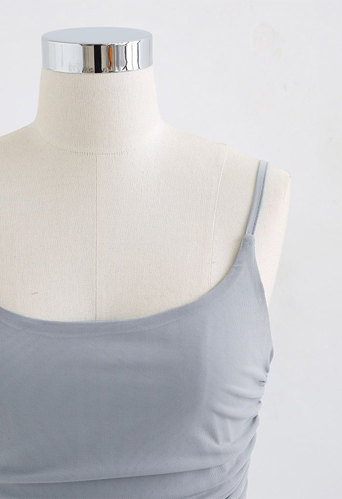 Ruched Soft Mesh Cami Top in Dusty Blue