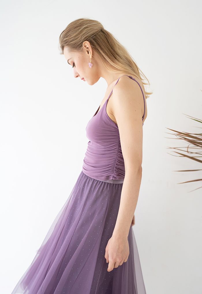 Ruched Soft Mesh Cami Top in Purple