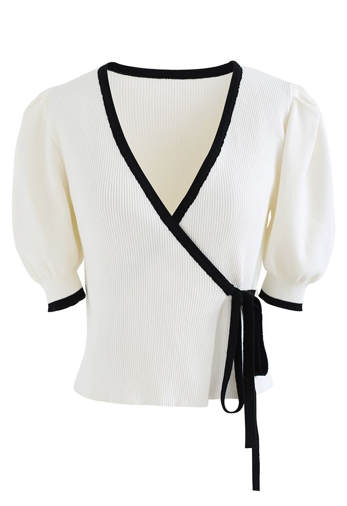 Puff Sleeve Tie-Waist Wrap Knit Top in White