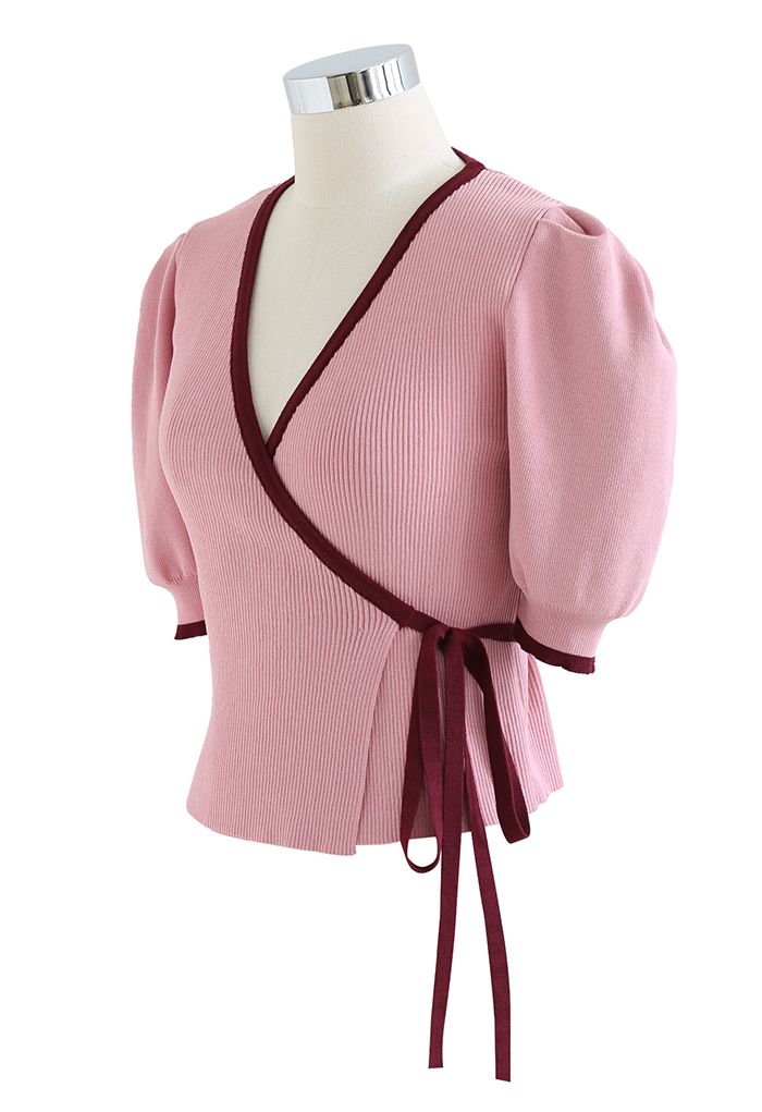 Puff Sleeve Tie-Waist Wrap Knit Top in Pink