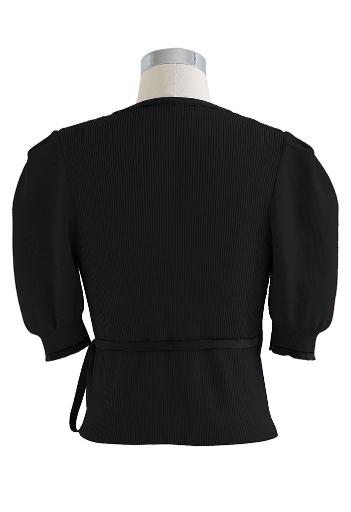 Puff Sleeve Tie-Waist Wrap Knit Top in Black