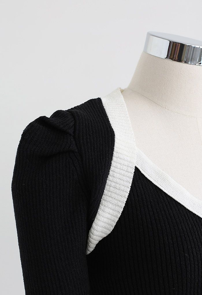Contrast Line Short-Sleeve Knit Top in Black