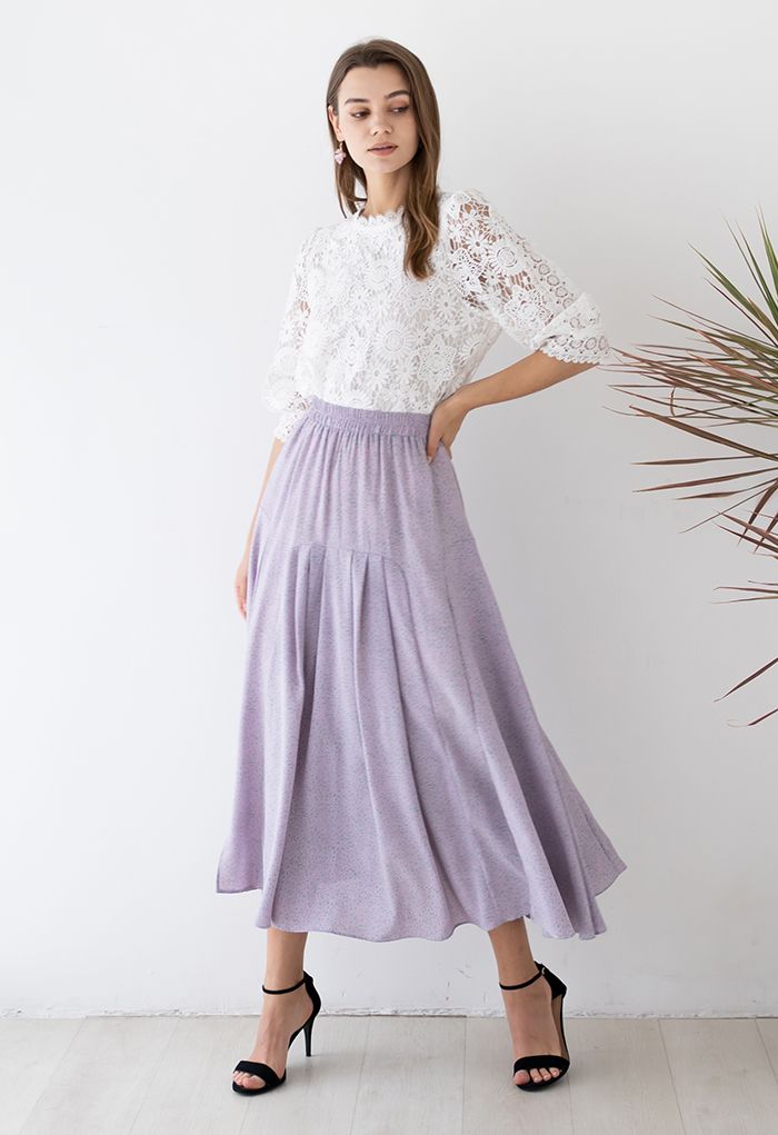Ditsy Spot Print Pleated Maxi Skirt in Lilac