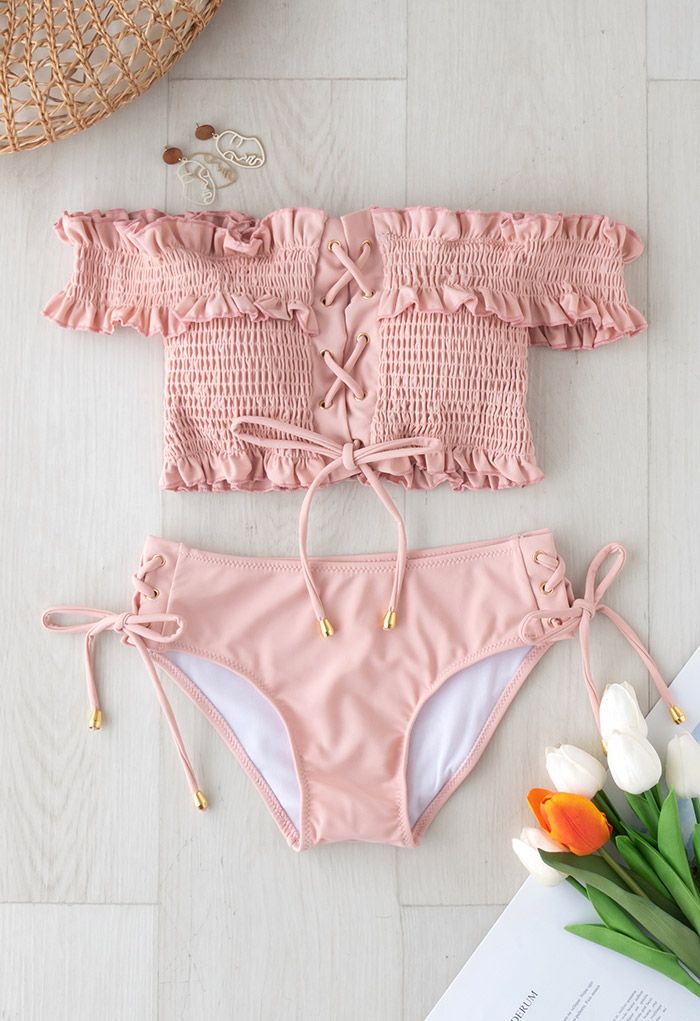 Lace-Up Ruffle Off-Shoulder Bikini Set in Pink