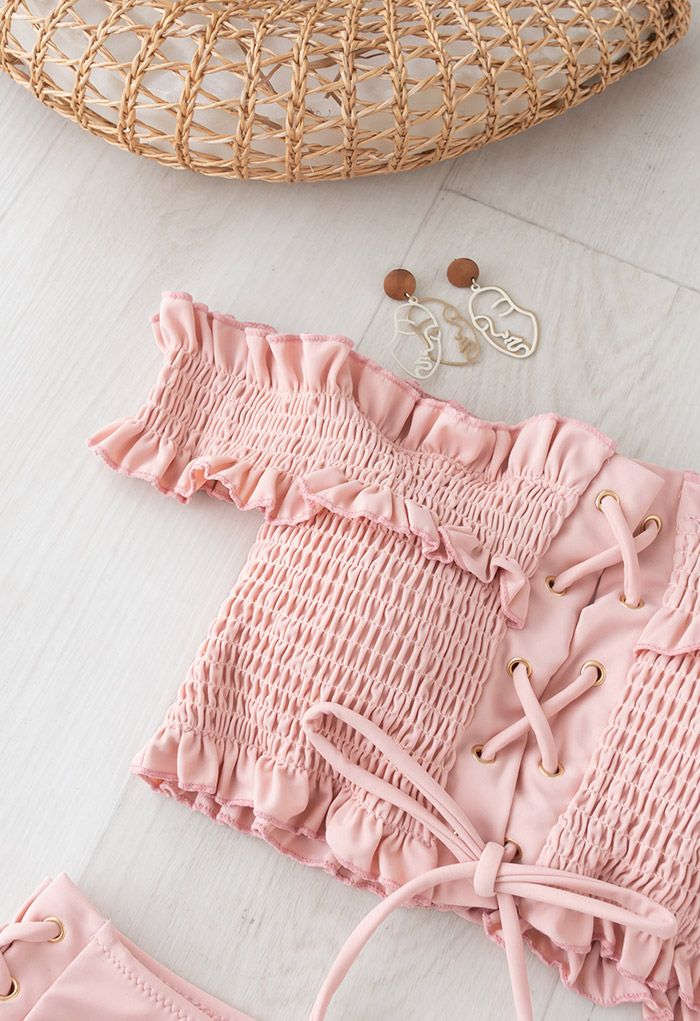 Lace-Up Ruffle Off-Shoulder Bikini Set in Pink