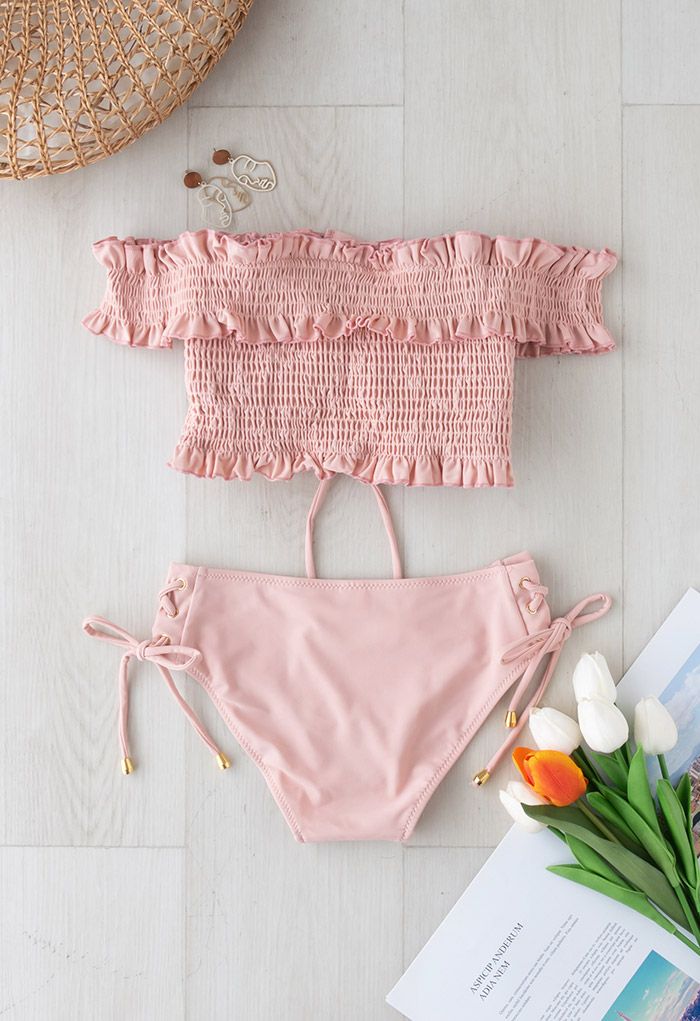 Lace-Up Ruffle Off-Shoulder Bikini Set in Pink