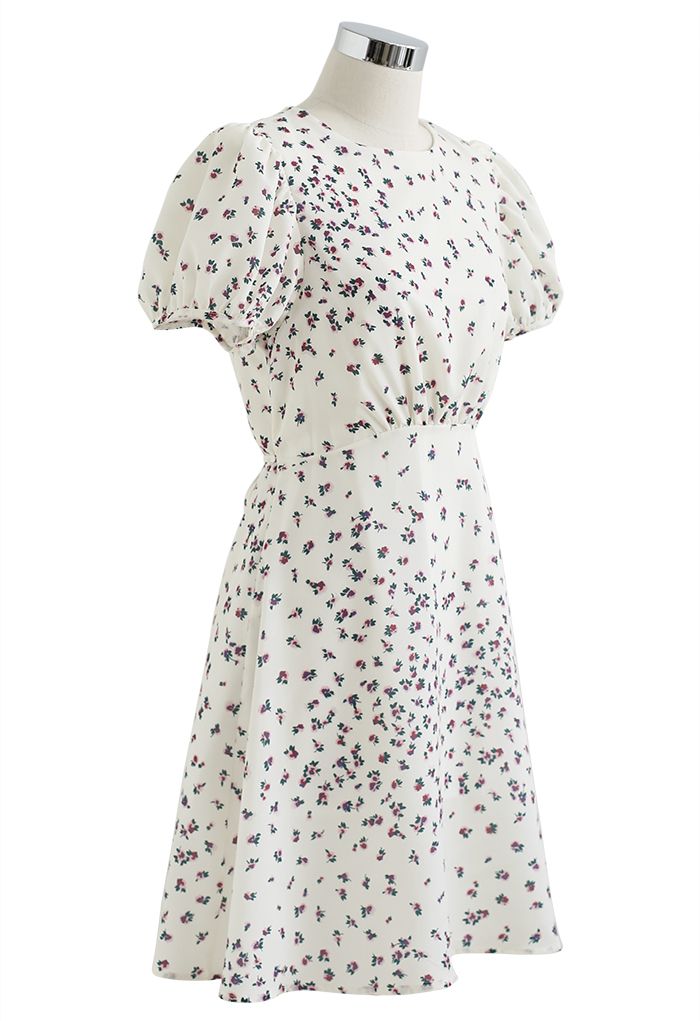 Posy Print Padded Shoulder Mini Dress in White