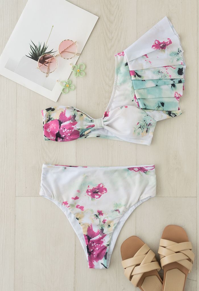 Floral and Frill One-Shoulder Bikini Set