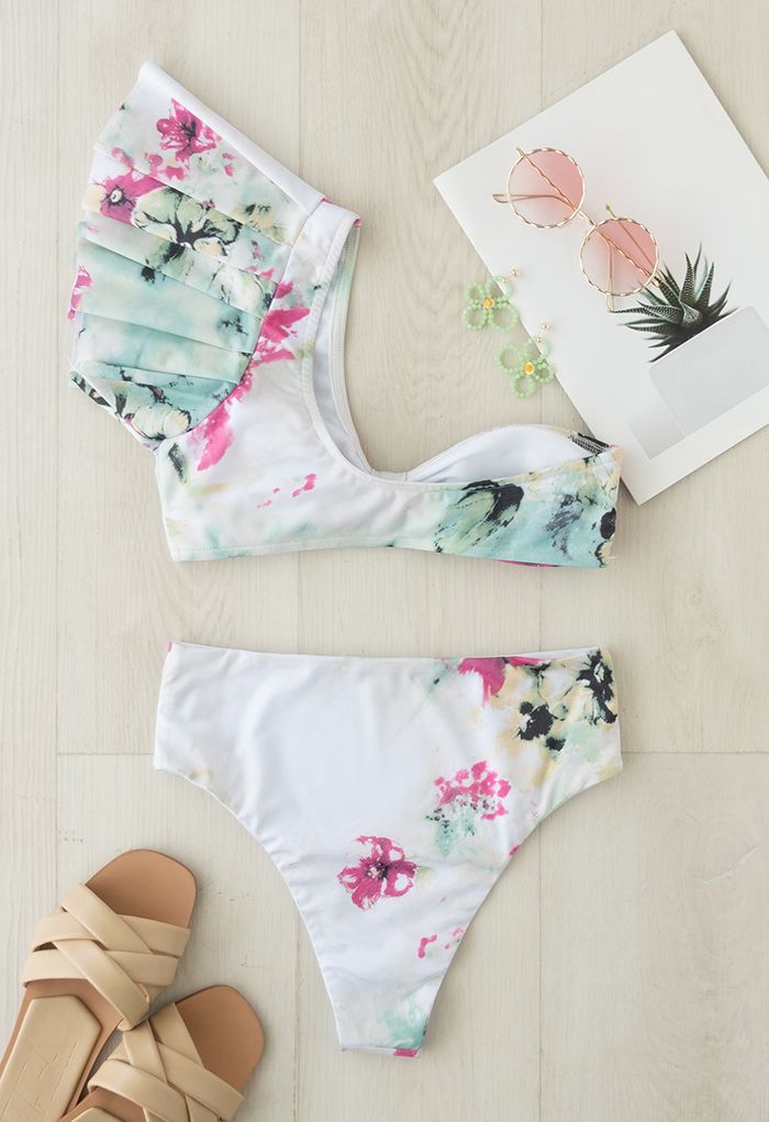 Floral and Frill One-Shoulder Bikini Set