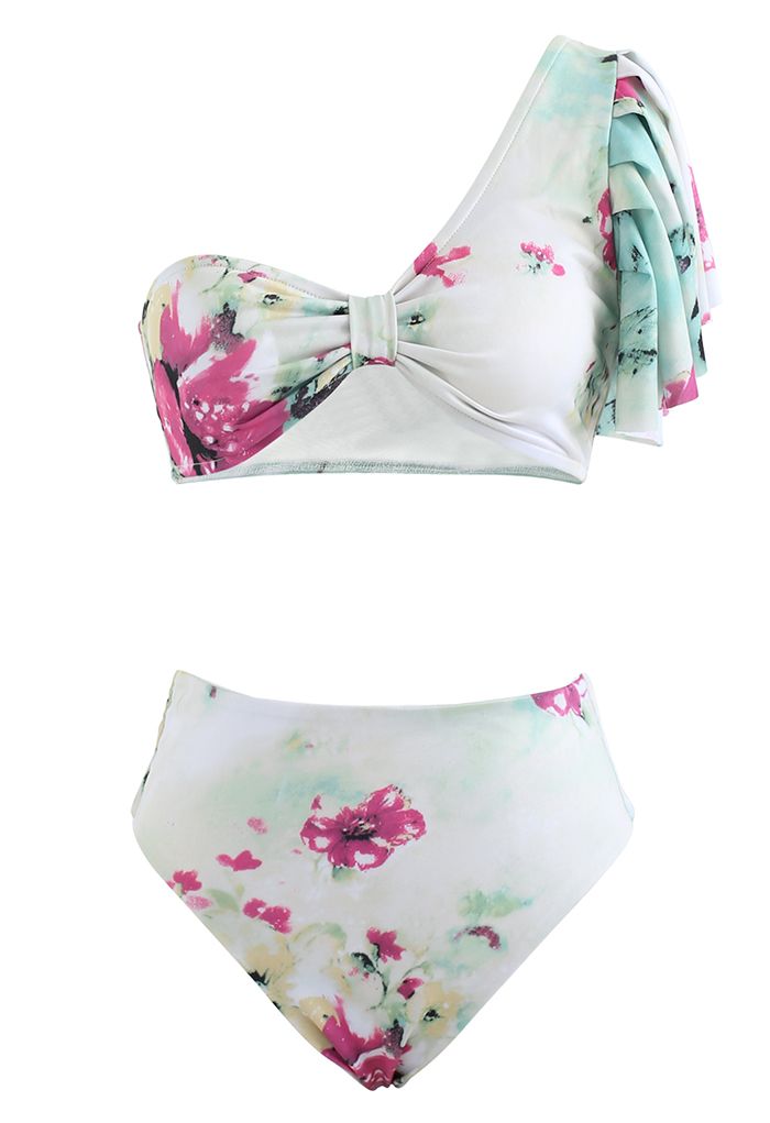 Floral and Frill One-Shoulder Bikini Set