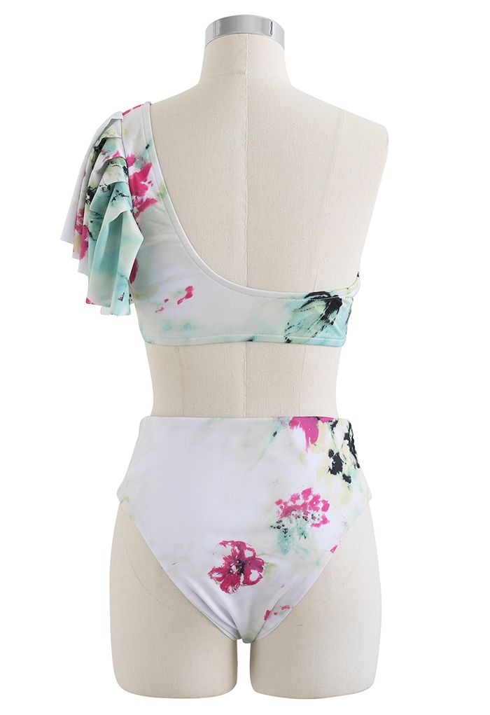 Floral and Frill One-Shoulder Bikini Set