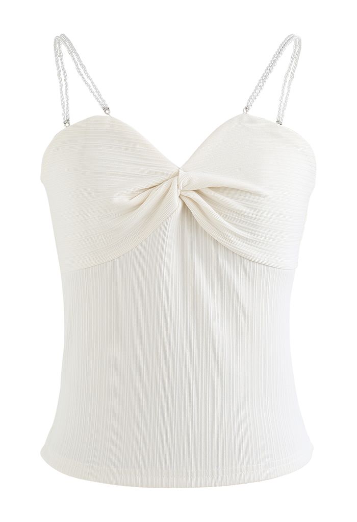 Twisted Front Pearly Straps Crop Tank Top in White