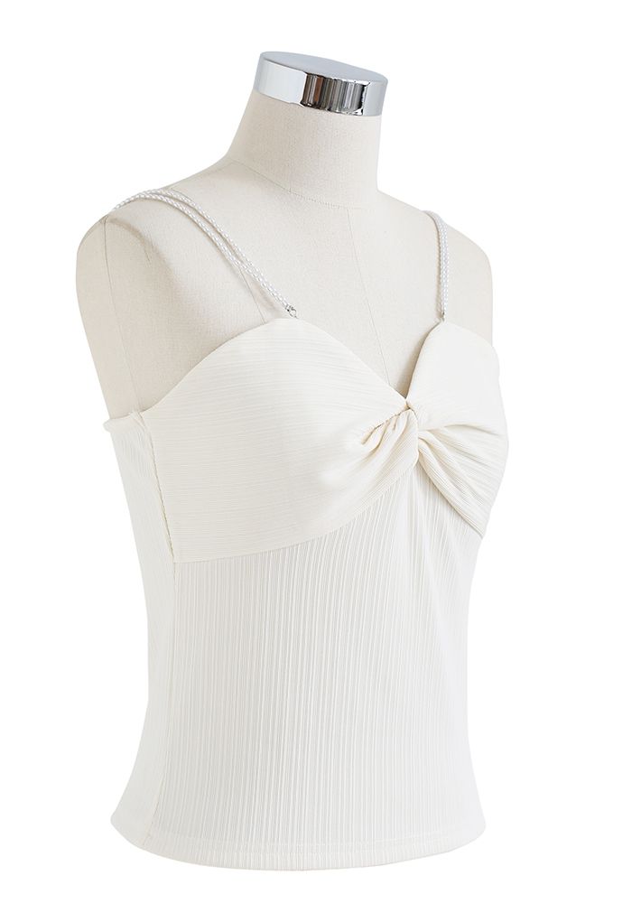 Twisted Front Pearly Straps Crop Tank Top in White