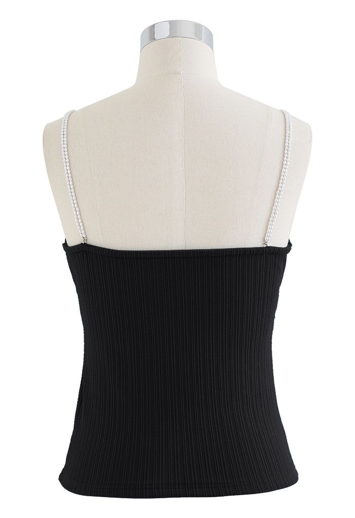 Twisted Front Pearly Straps Crop Tank Top in Black