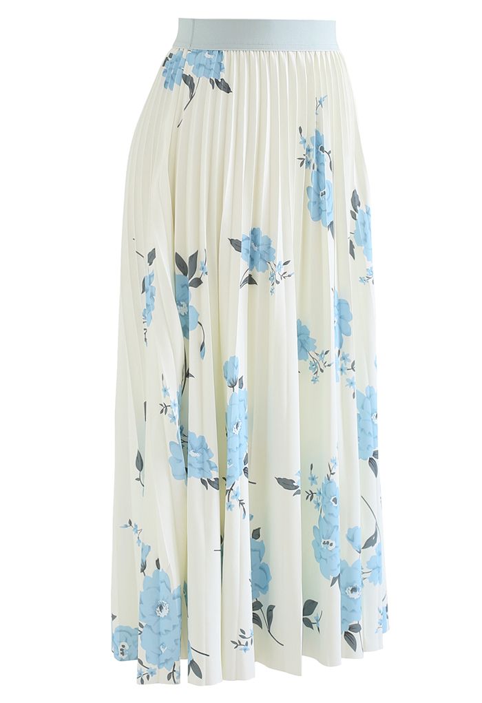 High-Waisted Floral Pleated Midi Skirt in Light Yellow
