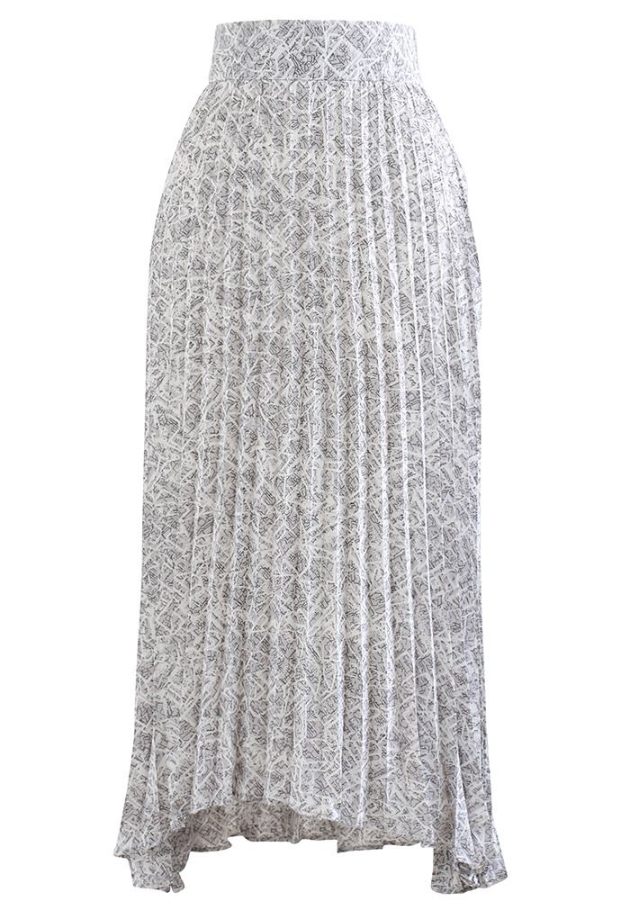 Irregular Line Pleated Asymmetric Maxi Skirt in Grey