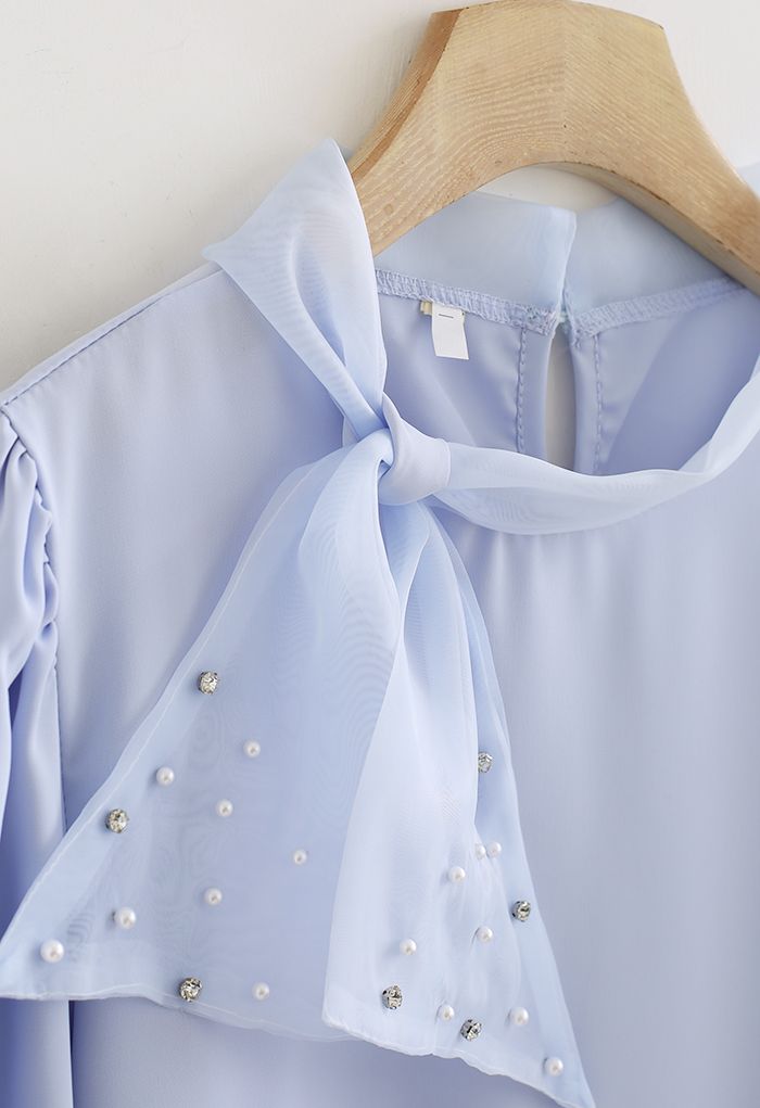 Pearly Mesh Bowknot Satin Shirt in Blue - Retro, Indie and Unique Fashion