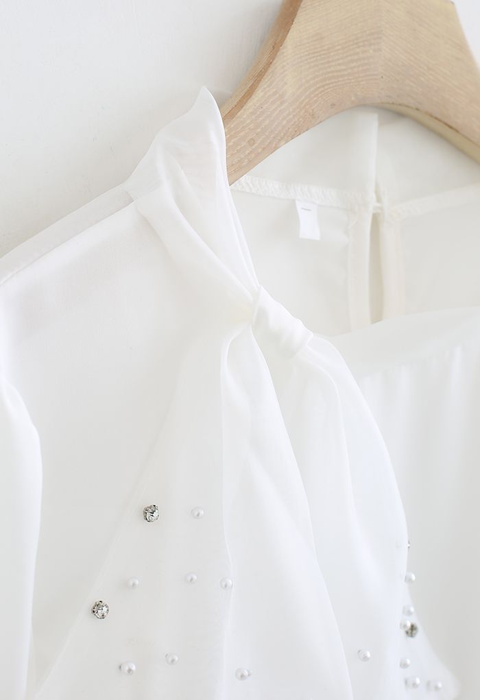 Pearly Mesh Bowknot Satin Shirt in White