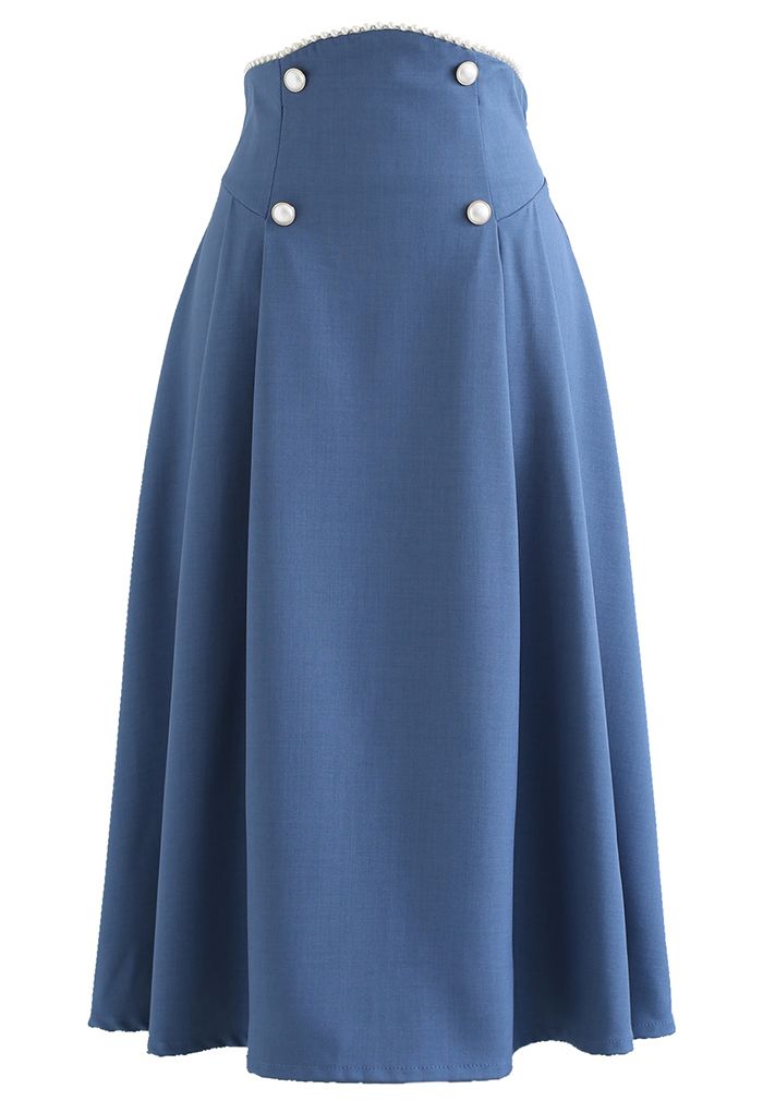 Pearly Waist Buttoned A-Line Midi Skirt in Blue